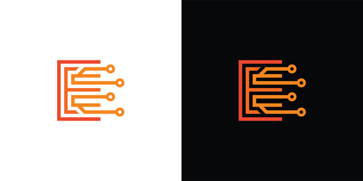 The letter 'E' logo is formed from digital circuit lines on a white or black background. It represents electronics, engineering, energy, efficiency, and the digital age.