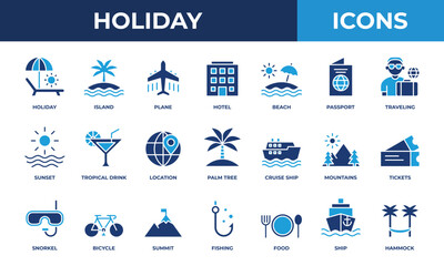 Holiday icon set. Contains blue solid icons related to holidays, hotels, sunsets, islands, travel, and more.