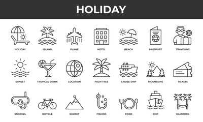 A set of editable holiday line icons. Contains icons related to vacations, hotels, sunsets, beaches, travel, and more.