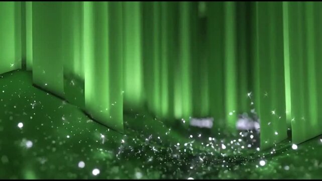 Lit green columns with scattered sparkles set indoors