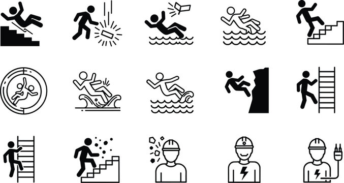 Workplace accident and safety hazard icon set with falling slipping electric shock drowning and ladder risk symbols