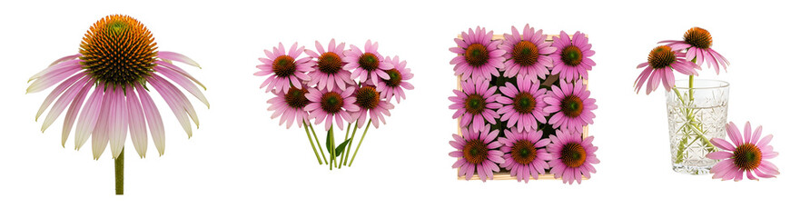 Collection of pink coneflowers in various arrangements on transparent background