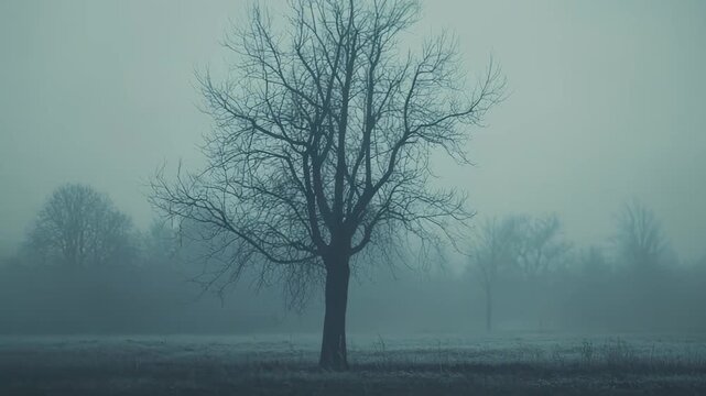 Bare branches of a solitary tree extend against a backdrop of thick winter fog, creating a serene and melancholic atmosphere in an open field during a cold morning