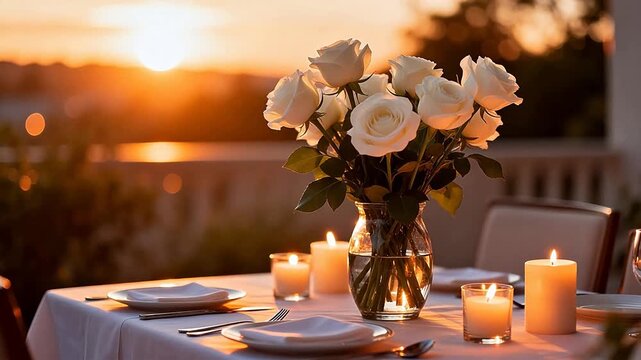 Dinner table with roses at sunset