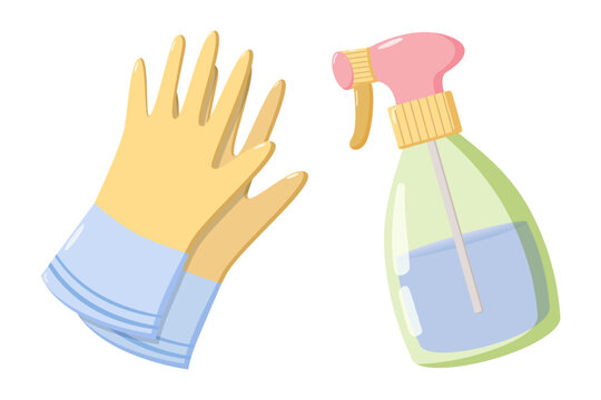 Cartoon illustration of yellow rubber cleaning gloves with blue cuffs and spray bottle with pink nozzle, yellow trigger, and blue liquid, symbolizing hygiene and household chores