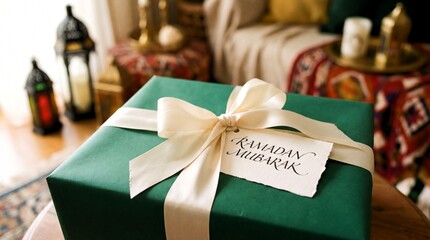 Beautifully wrapped green gift box with Ramadan Mubarak tag sitting on a wooden table with lanterns