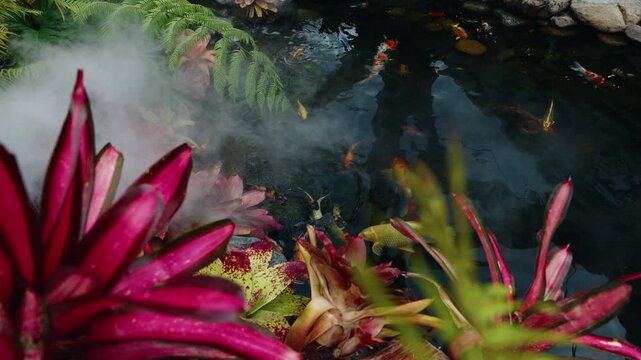 Slow tilt down and gentle push reveal colorful koi swimming through drifting mist in tropical garden pond framed by magenta bromeliad leaves for relaxation and nature concept.