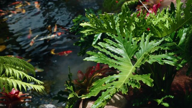 Slow lateral pan across swaying tropical philodendron leaves over koi pond with gliding fish and rippling water in botanical garden for wellness and relaxation.