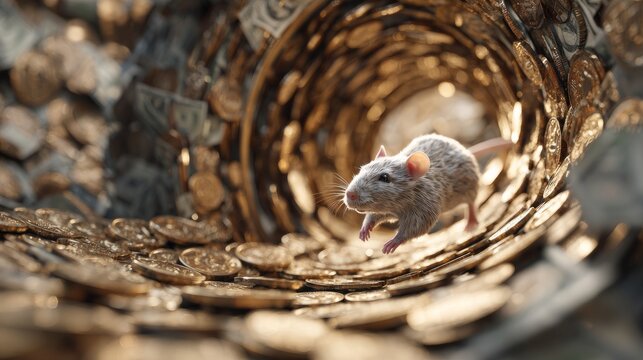 Rat running through tunnel of gold coins