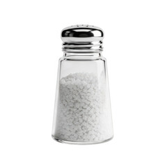 A clear glass salt shaker with a silver lid filled with salt