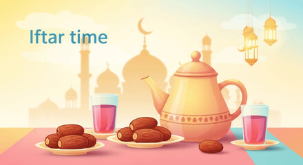 Celebrating Ramadhan with traditional iftar meal and drinks on a colorful table, vector illustration