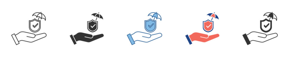 Diverse collection of hand-held shield and umbrella icons, symbolizing comprehensive protection, insurance, and security services for various applications © Muhammad