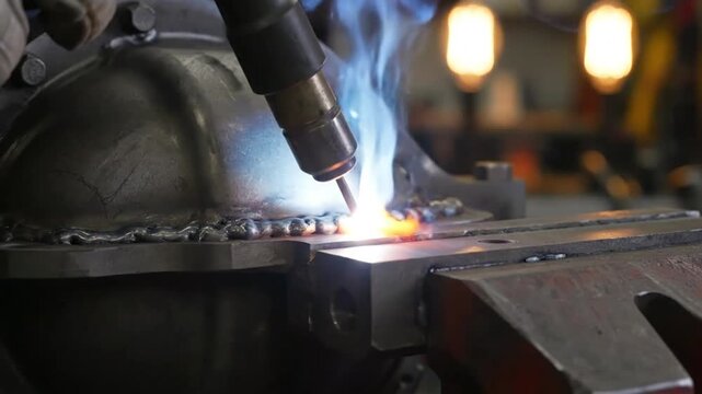 Metal Welding Process: Close-up of MIG Welding Sparks and Fumes on a Steel Component