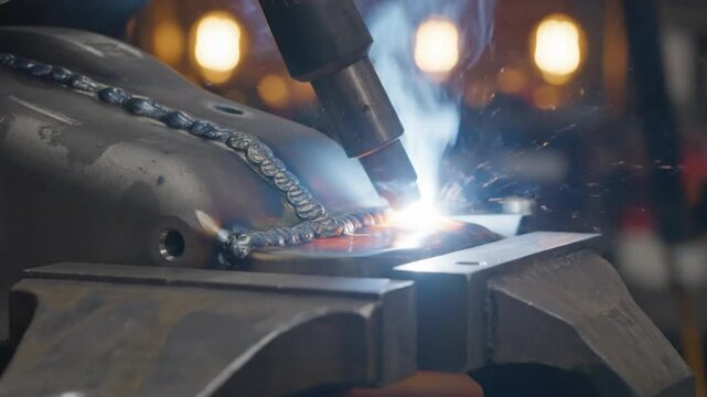 Metalworking Process: MIG Welding a Joint, Generating Sparks and Smoke, Close-Up View
