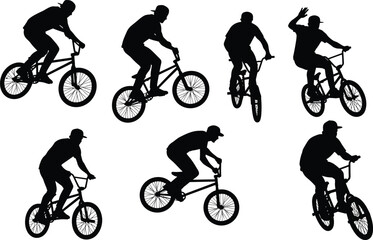 Fototapeta premium BMX rider silhouettes performing tricks isolated on white background extreme sport cycling vector illustration set