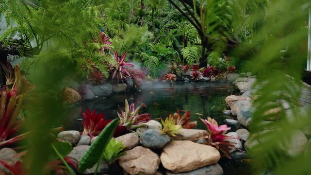 Slow push through foreground ferns revealing misty tropical garden pond with colorful bromeliads and stones inside greenhouse for spa and wellness use.