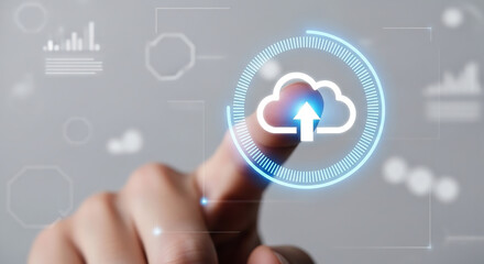 Finger selecting virtual cloud upload icon with glowing progress ring, sharp focus foreground, blurred minimal background