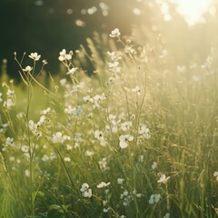 Delicate White Wildflowers Growing Among Tall Grasses Under Bright Sunlight in a Meadow