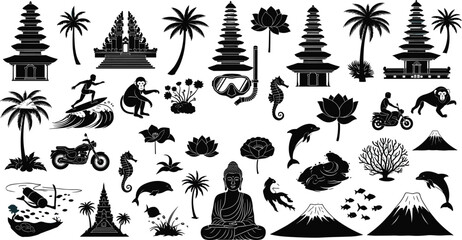 Indonesia travel landmarks and culture silhouettes collection isolated on white background tourism vector illustration set © Md Rofequl Islam