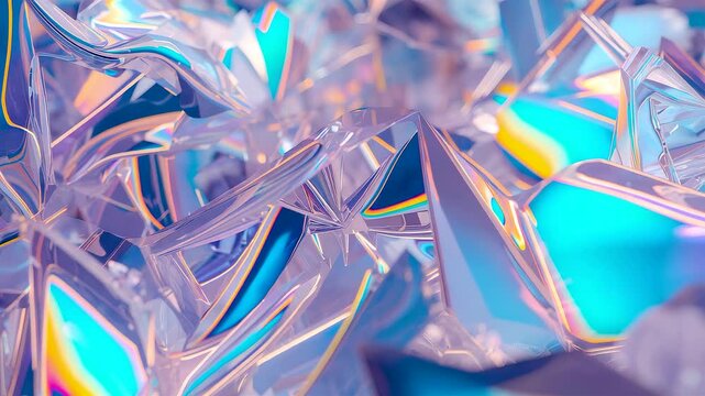 Iridescent Crystal Shards with Prismatic Reflections and Holographic Pastel Light Across Translucent Geometric Glass Texture