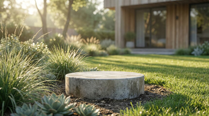 round stone podium in the yard