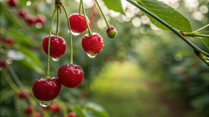 Obraz premium Fresh red cherries hanging on branch with water droplets and green leaves in orchard bokeh background