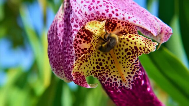 Close-up of a vibrant orchid flower with a spotted pattern of purple, pink, and yellow. A bee is visible inside the blossom