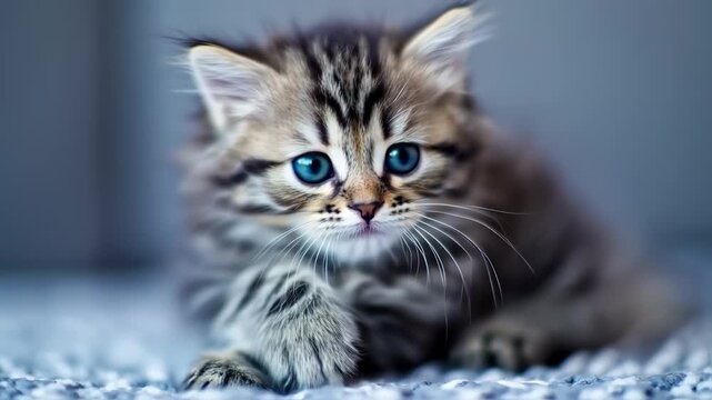Close-up of a tiny kitten with big blue eyes