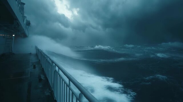 Large waves hit the side of a ship as dark clouds gather during a powerful storm in the open ocean