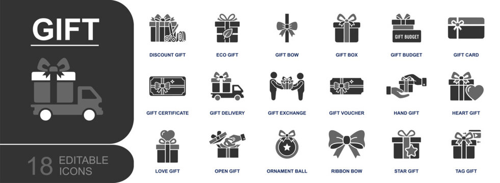Gift icon set. Containing gift box, ribbon bow, gift card, voucher, certificate, gift delivery, exchange, budget, discount, tag gift and more. Solid fill vector icons collection.