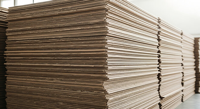 Large stack of brown plywood sheets in a warehouse setting