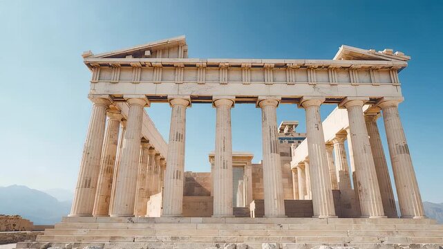 Ancient Greek Temple with Marble Columns Under Clear Blue Sky on Historic Acropolis Hill in Athens with Classical Architecture