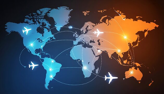 Digital of global air travel routes with colored continents and flying planes digital global map
