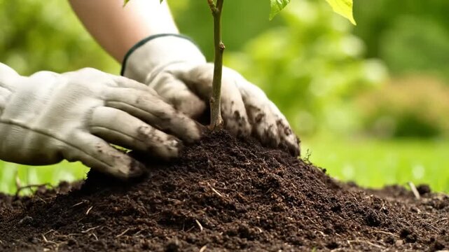 Gardener carefully planting a young tree sapling in rich dark soil in the backyard during springtime for environmental and growth concepts