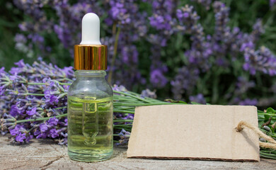 Lavender essential oil bottle with pipette and blank tag on lavender flowers background.