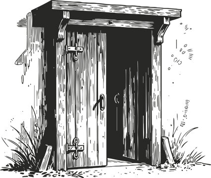 Rustic wooden outdoor outhouse with door ajar, vintage countryside toilet illustration