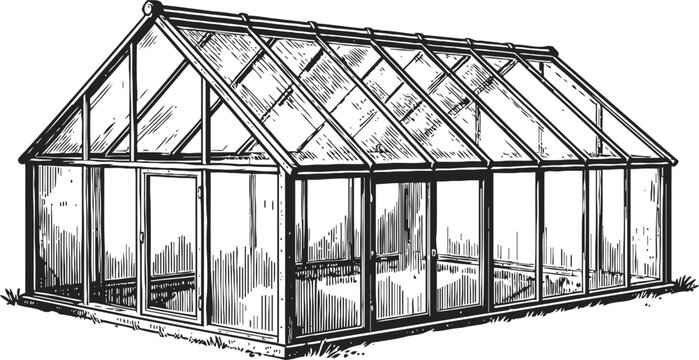Hand drawn greenhouse illustration with glass walls and roof, garden structure for plants and cultivation