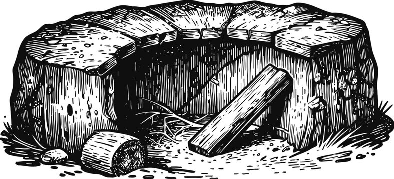 Old wood and stone beehive skep with wooden frame vintage engraving drawing
