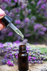 Lavender essential oil with pipette and fresh flowers, spa and wellness concept.
