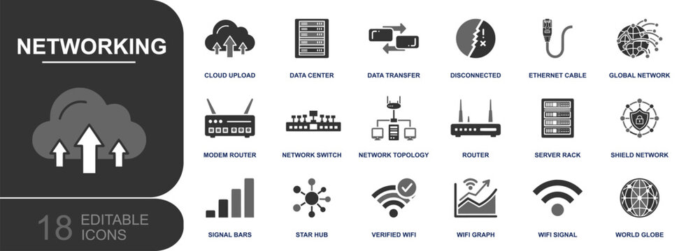 Networking icon set. Containing cloud upload, data center, data transfer, ethernet cable, router, network switch, topology, server rack, wifi signal and more. Solid vector icons collection.