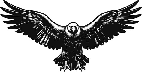 Fototapeta premium Black eagle illustration with wings spread wide, detailed bird of prey in flight, powerful and majestic design