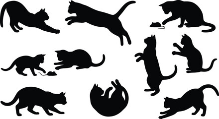 Collection of playful cat silhouettes hunting and jumping isolated on white background, domestic feline poses set illustration for pet and animal design © Jakir