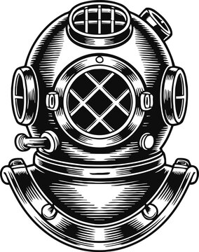 Vintage deep sea diving helmet illustration with classic round window and metal details