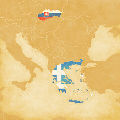 Ocher map of Balkans - Slovakia and Greece