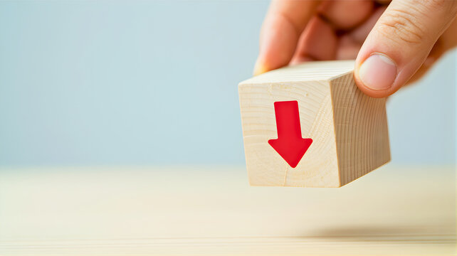 Hand placing a wooden block with a red downward arrow symbol indicating a decline or decrease in business or finance, with a light blue background and wooden table
