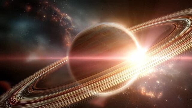 A view of Saturn displaying its rings and bright colors as light filters through space in clear detail at a great distance