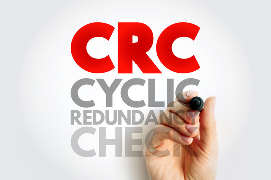 CRC Cyclic Redundancy Check concept. Hand writing acronym text. Data verification, digital transmission, and error detection concept with technology background