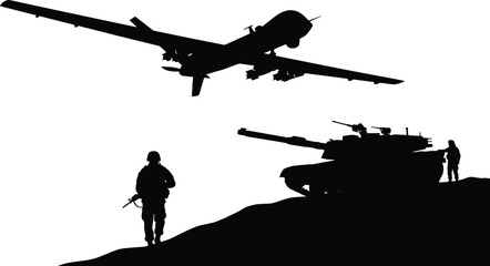 Obraz premium Military silhouettes with combat drone aircraft, battle tank and armed soldiers on battlefield isolated on white background, modern warfare concept illustration