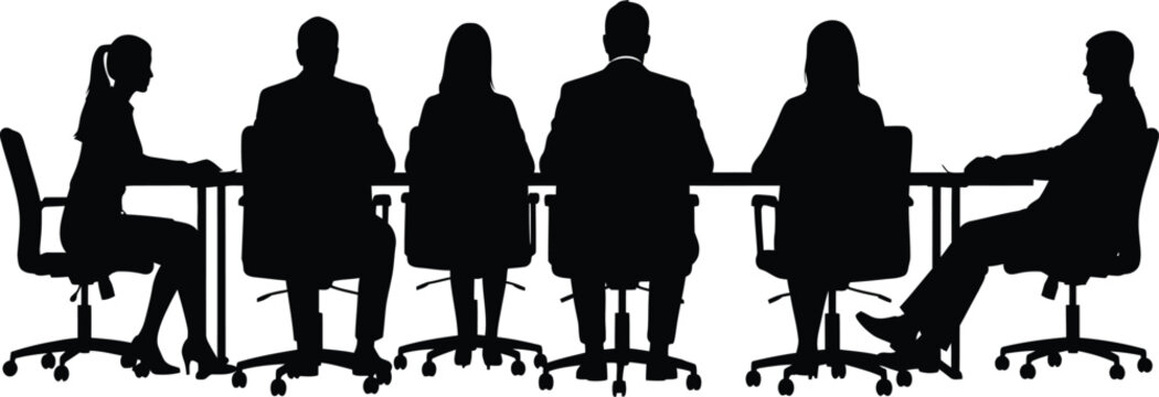 Silhouette of professional business diverse people group sitting at conference table in office meeting room during corporate seminar or board discussion