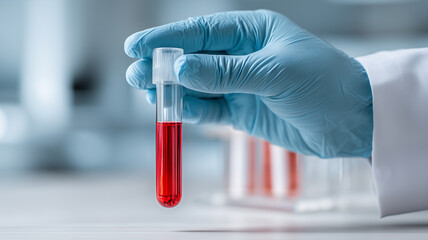 血液サンプルの入った試験管を持つ手｜臨床検査・血液分析のイメージ